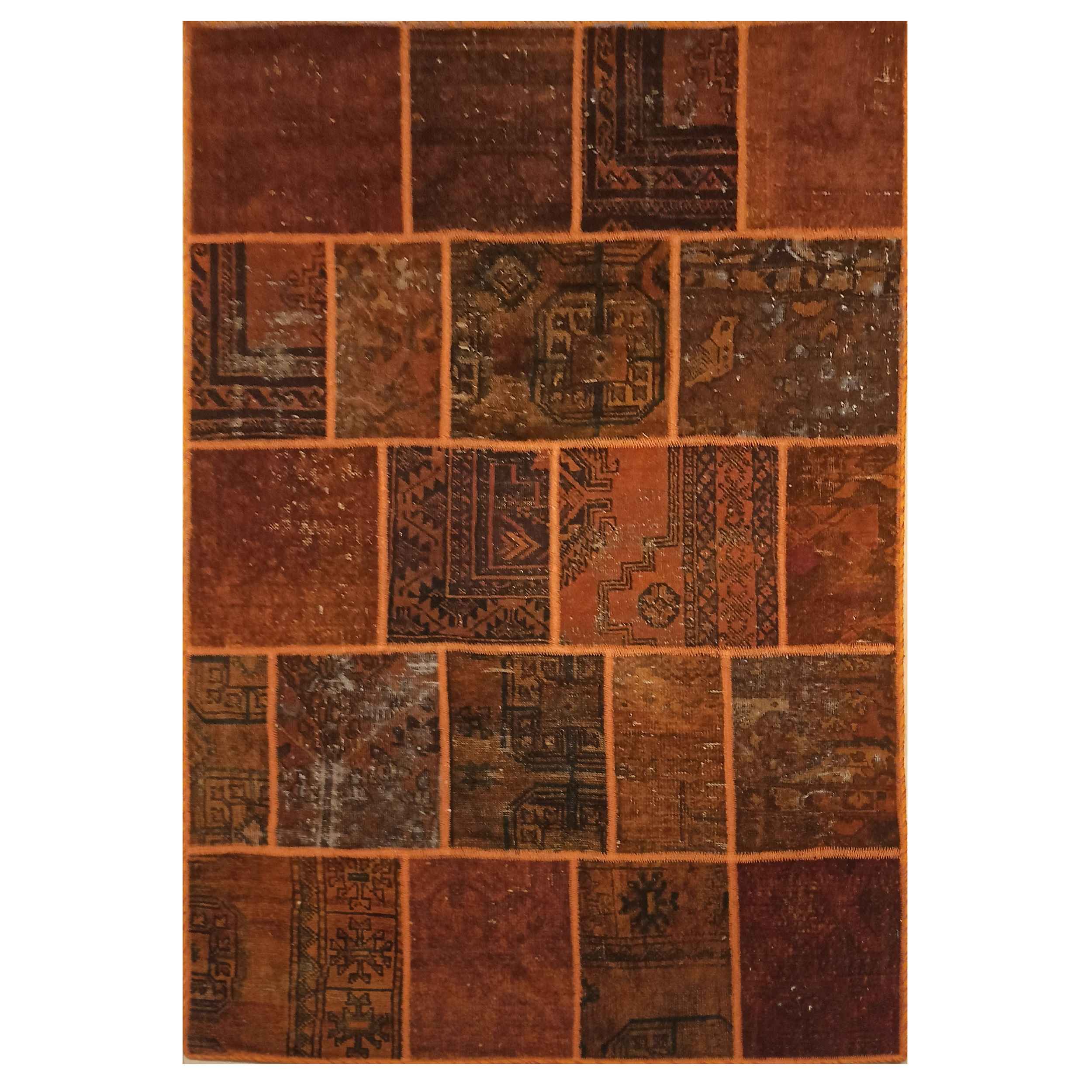 Tapis Persan Vintage Patchwork Noué à la Main Marron