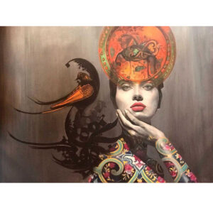 Peinture de portrait persane originale – Huile sur toile, fille et calligraphie