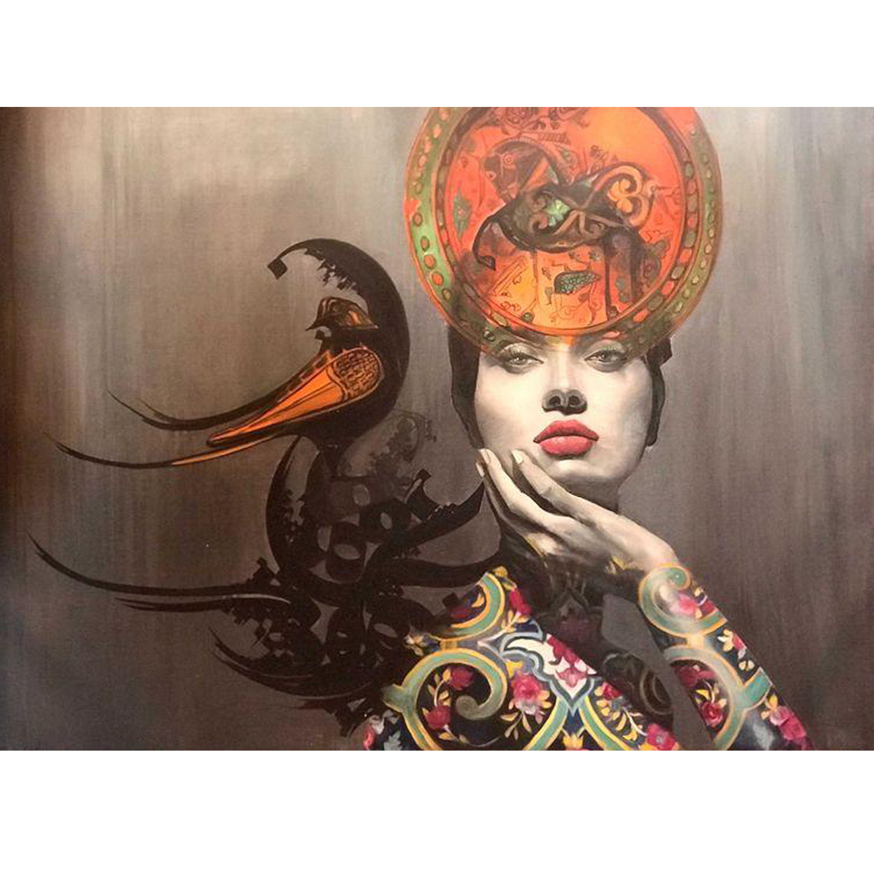 Peinture de portrait persane originale - Huile sur toile, fille et calligraphie