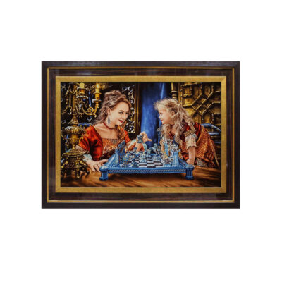 Tapis persan figuratif noué à la main de Tabriz représentant une mère et sa fille jouant aux échecs