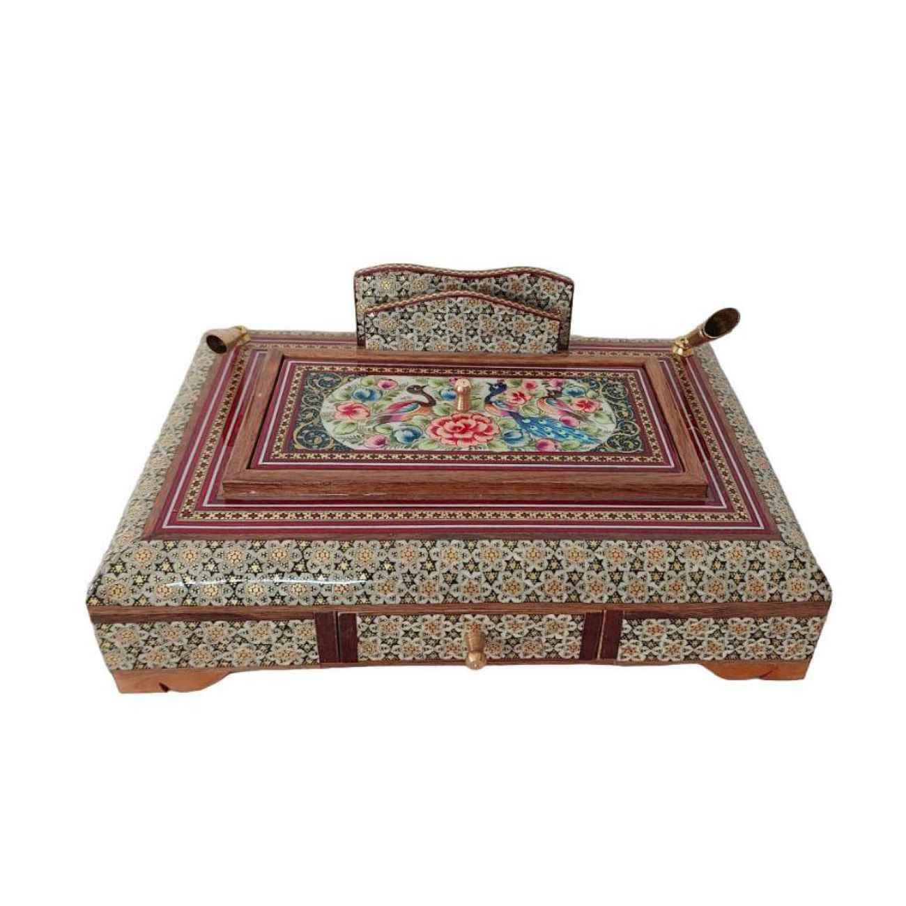 Porte-stylo en bois persan fait main pour bureau - Art Khatamkari Élégance, Design Floral