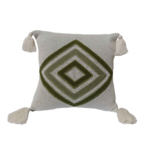 Housse de Coussin Punch Needle – Design Géométrique Vert Brodé