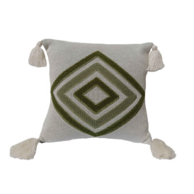 Housse de Coussin Punch Needle – Design Géométrique Vert Brodé
