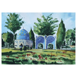Peinture réaliste originale – Aquarelle sur carton, tombeau de Attar Neyshaburi