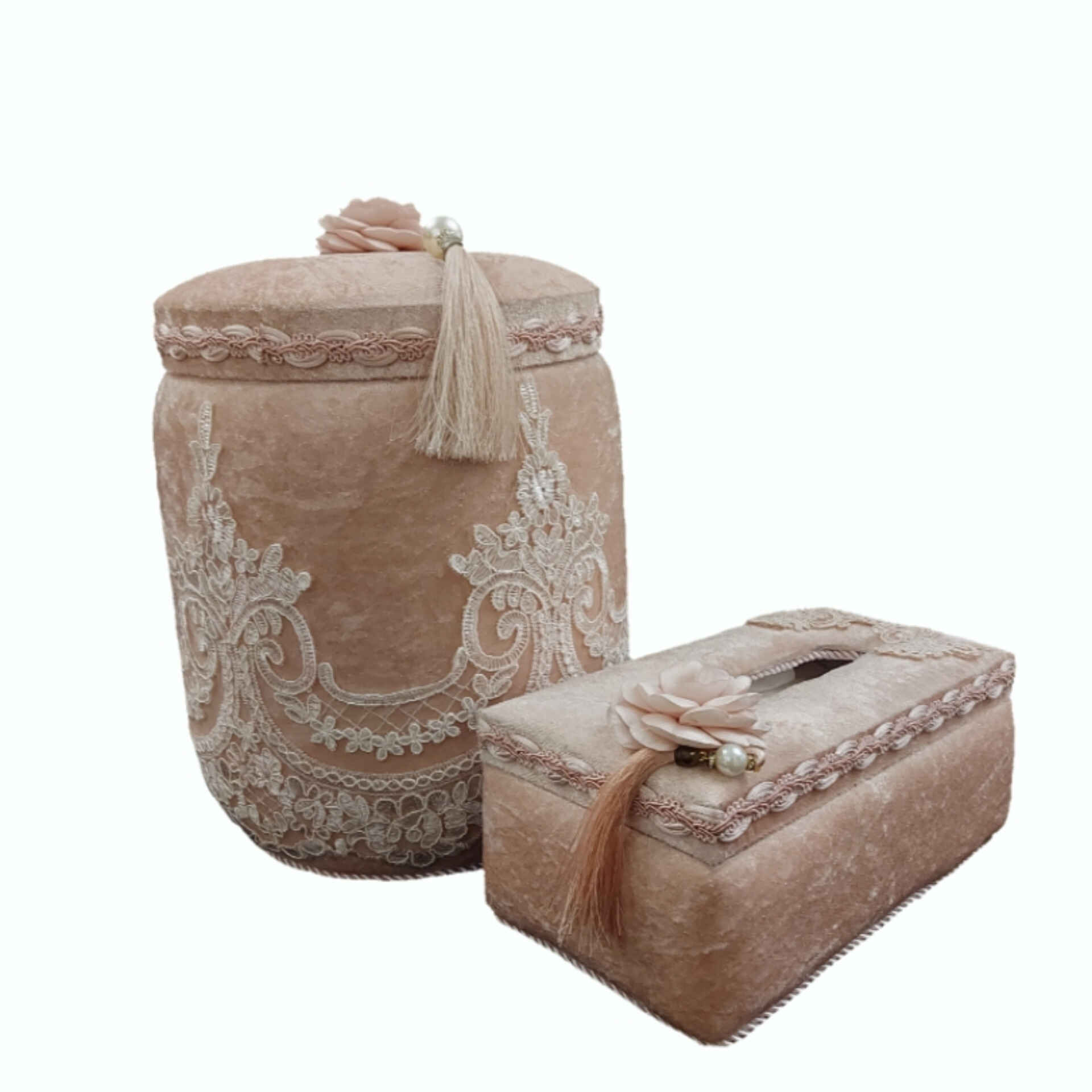 Ensemble corbeille et boîte à mouchoirs en velours avec pompon