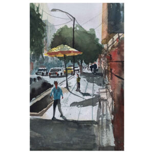 Peinture réaliste originale – Aquarelle sur carton, rue de Téhéran par Bijan Ghahramani