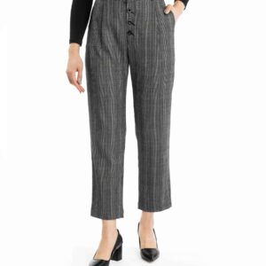 Pantalons Plissés à Carreaux Droits Ajustés pour Femme avec Poche