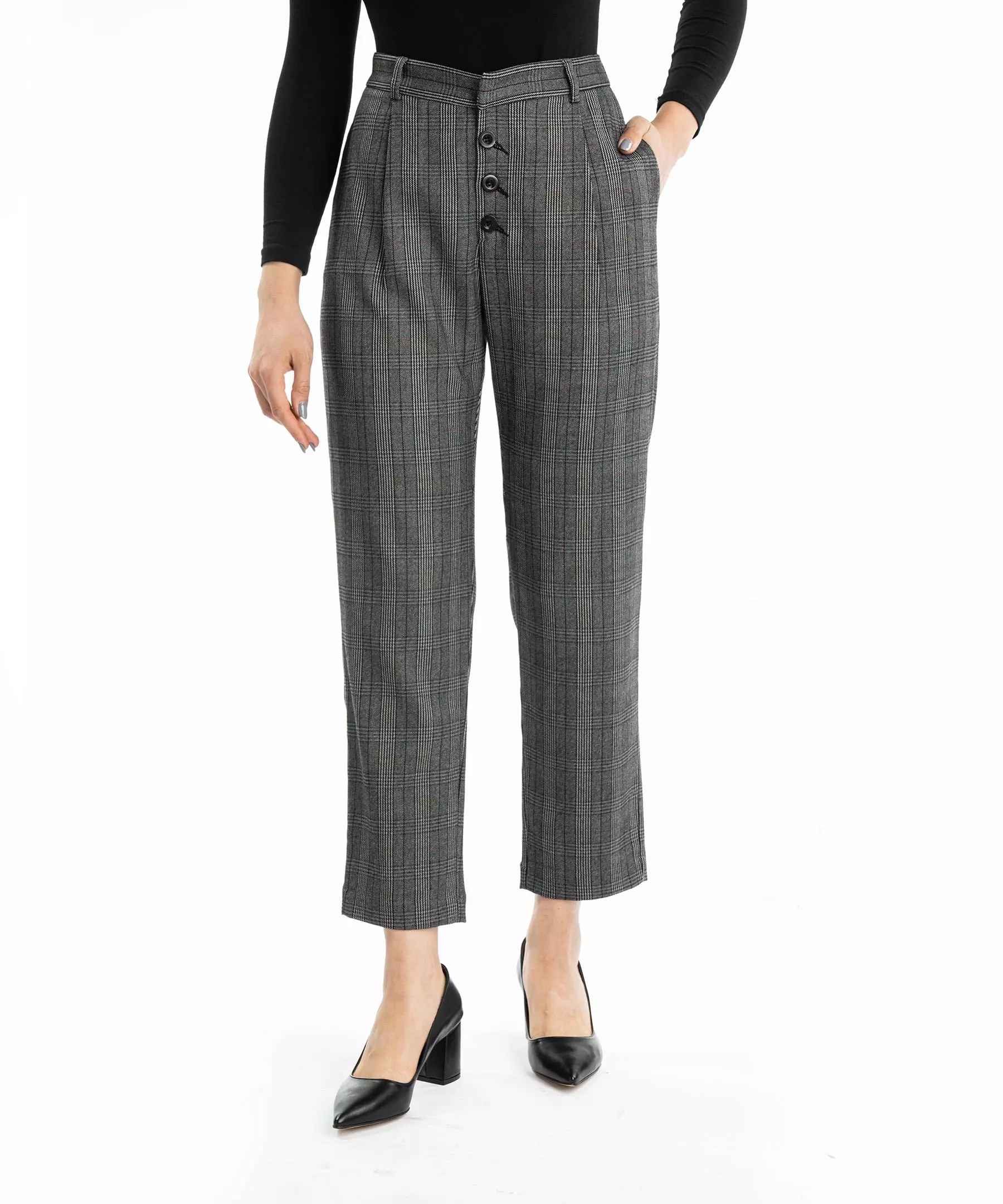 Pantalons Plissés à Carreaux Droits Ajustés pour Femme avec Poche