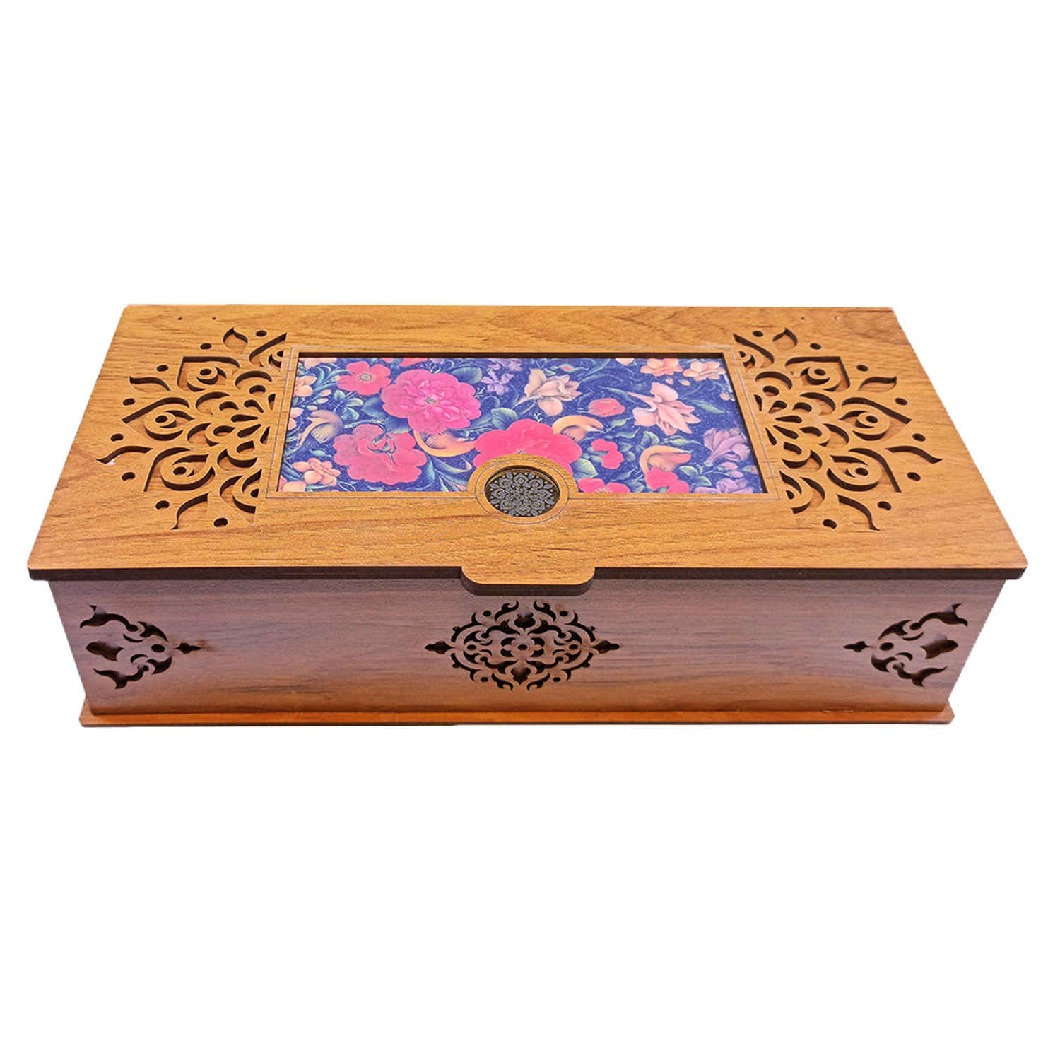 Boîte organisatrice en bois pour sachets de thé avec design floral