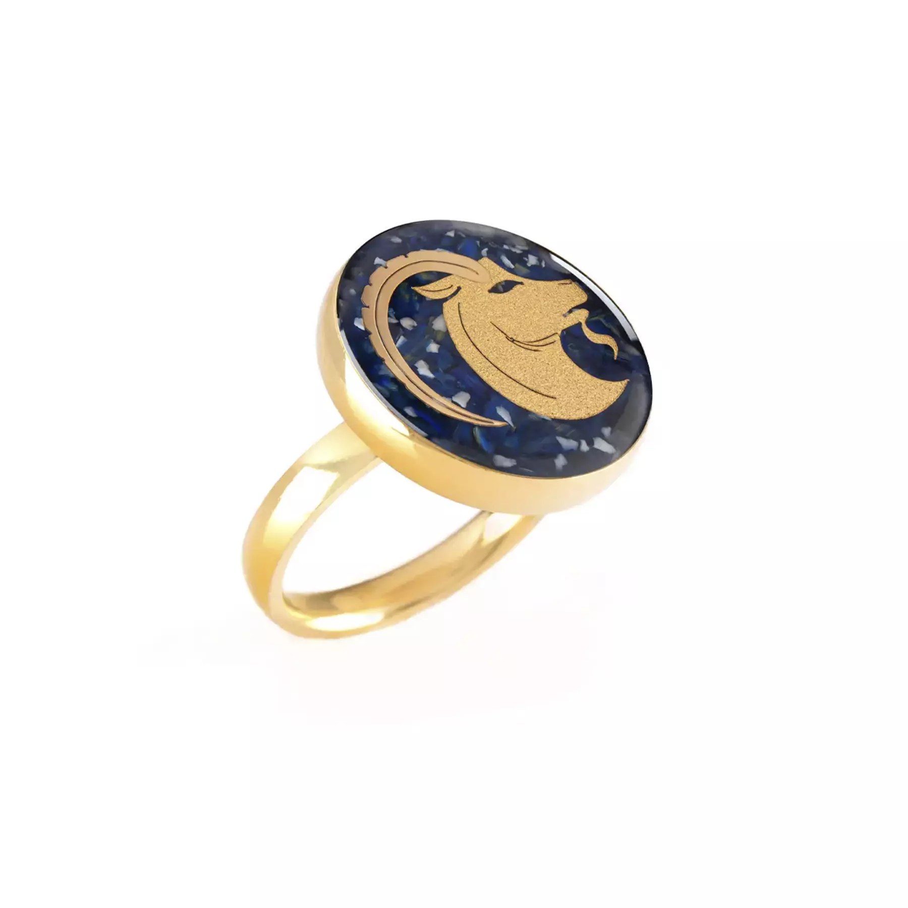 Bague Chevalière en Acier avec Pierre Azure Recouverte de Résine et Symbole Chèvre Plaqué Or