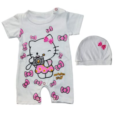 Ensemble Bébé Barboteuse à Manches Courtes et Bonnet – Modèle Hello Kitty