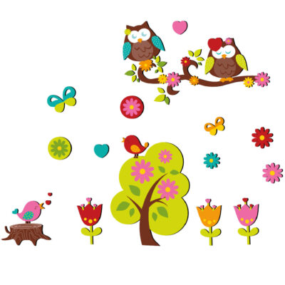Autocollant mural en bois pour bébé – Design chouettes adorables