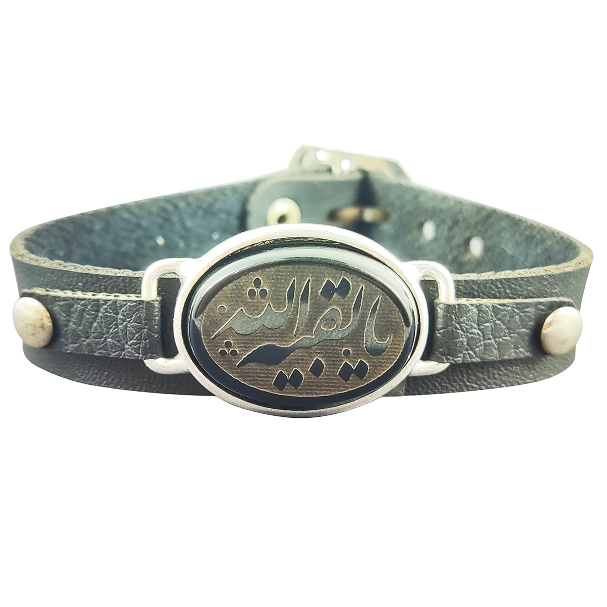 Bracelet islamique avec cuir et pierre agate ajustable Ya Baqiyatallah Calligraphy