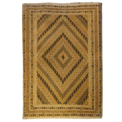 Tapis en laine Kilim persan tissé à la main à Sirjan avec motifs géométriques marron