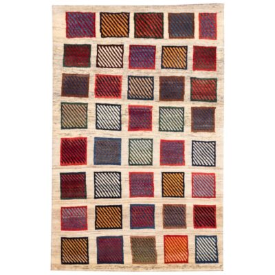Tapis Gabbeh persan avec laine authentique tissé à la main en Fars à carreaux crème