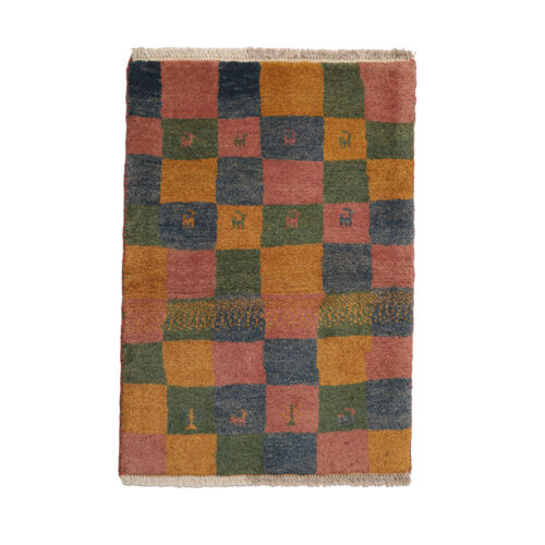 Tapis Gabbeh persan en laine tissé à la main en Fars à carreaux motifs animaliers