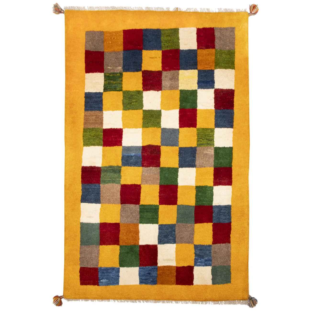 Tapis en laine Gabbeh persan tissé à la main en Fars à carreaux jaunes