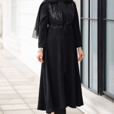 Manto persan pour femmes en tissu crêpe noir modèle Pargol