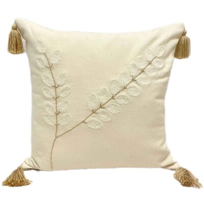 Housse de Coussin Punch Needle – Design Longues Feuilles Crème Brodé
