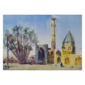 Peinture réaliste originale – Aquarelle sur carton, mosquée Jameh par Bijan Ghahramani