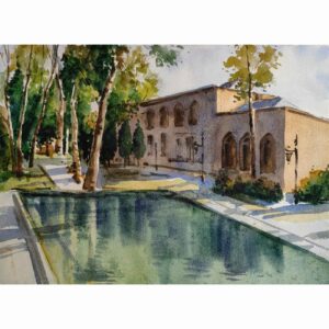 Peinture réaliste originale – Aquarelle sur carton, architecture persane