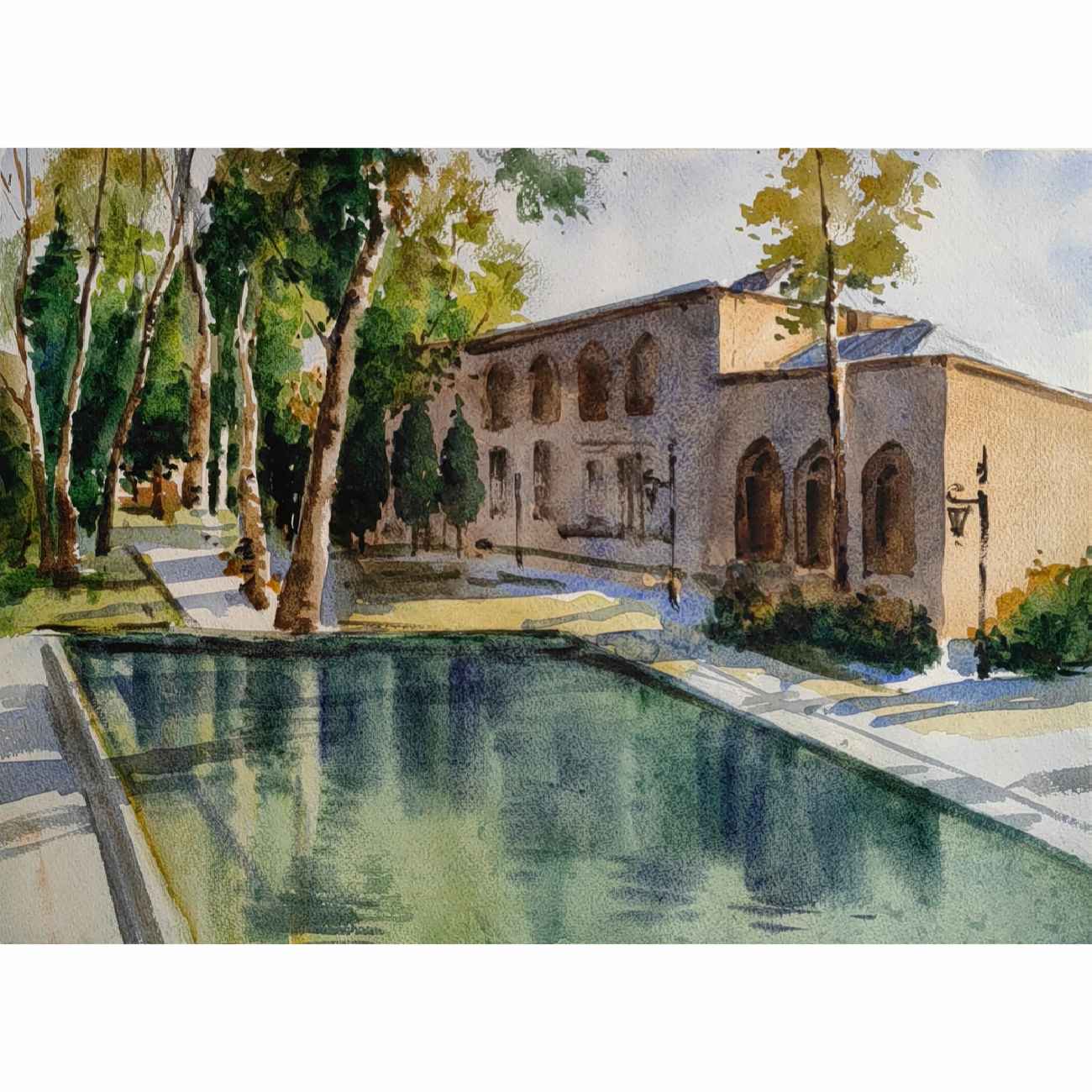 Peinture réaliste originale - Aquarelle sur carton, architecture persane