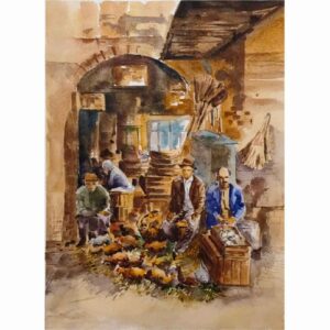 Peinture réaliste originale – Aquarelle sur carton, Grand Bazar de Rasht