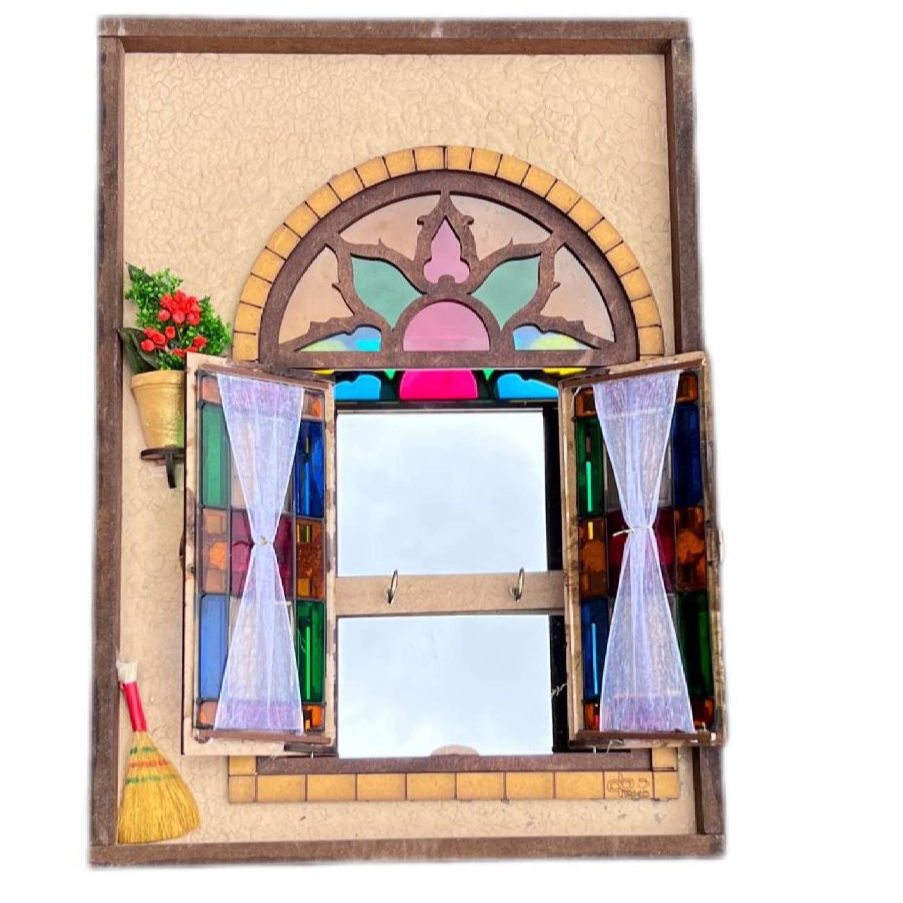 Porte-clés mural en bois persan fait main avec design de fenêtre de cottage traditionnel