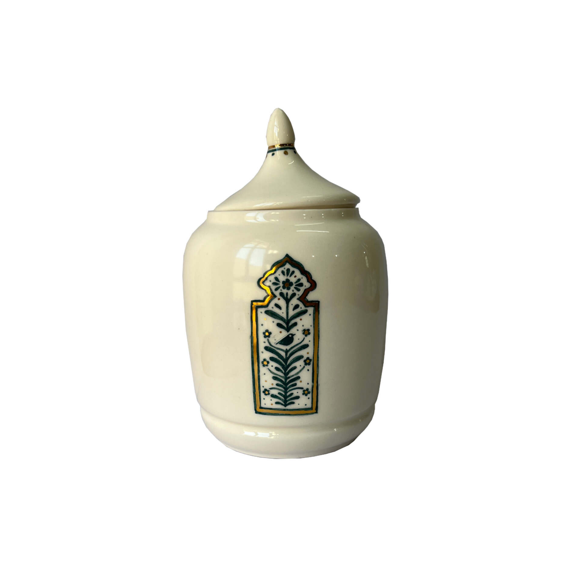 Bocal en céramique avec motif floral et oiseau peint à la main