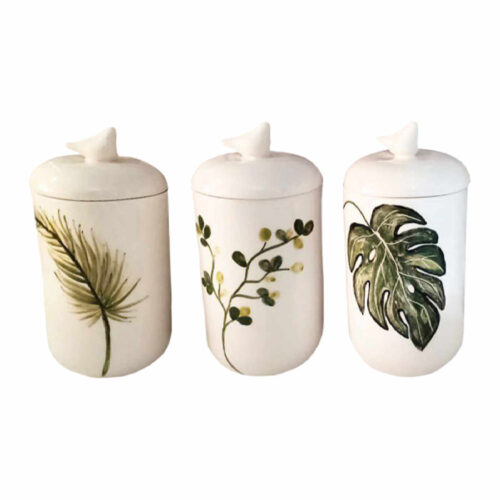 Bocal en céramique avec peinture à la main, design de feuilles, Ensemble de 3