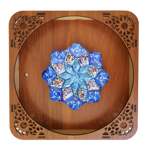 Plat décoratif en cuivre avec cadre en bois, minakari persan pour décoration murale