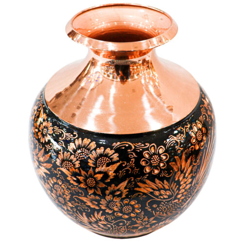 Vase en cuivre persan gravé fait main décoratif avec design oiseaux & fleurs