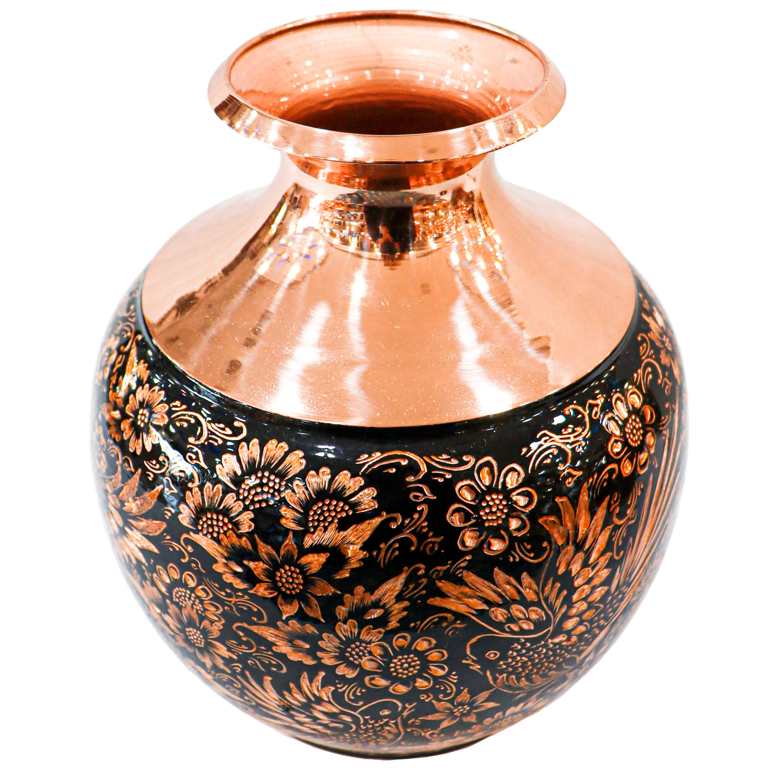 Vase en cuivre persan gravé fait main décoratif avec design oiseaux & fleurs