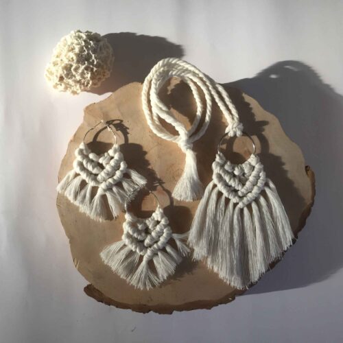 Embroidered Macrame Earrings & Necklace Set