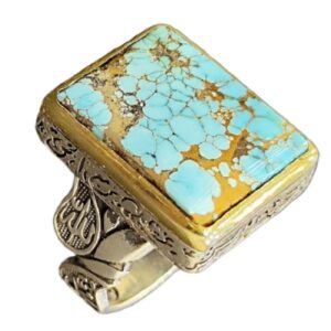 Bague Modèle Carrée Islamique en Argent Persan avec Turquoise de Neyshabur pour Homme