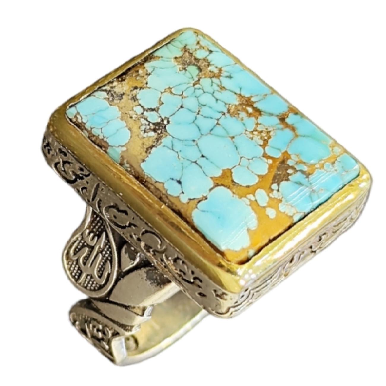 Bague Modèle Carrée Islamique en Argent Persan avec Turquoise de Neyshabur pour Homme
