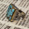 Bague Modèle Carrée Islamique en Argent Persan avec Turquoise de Neyshabur pour Homme