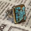 Bague Modèle Carrée Islamique en Argent Persan avec Turquoise de Neyshabur pour Homme