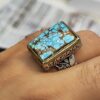 Bague Modèle Carrée Islamique en Argent Persan avec Turquoise de Neyshabur pour Homme