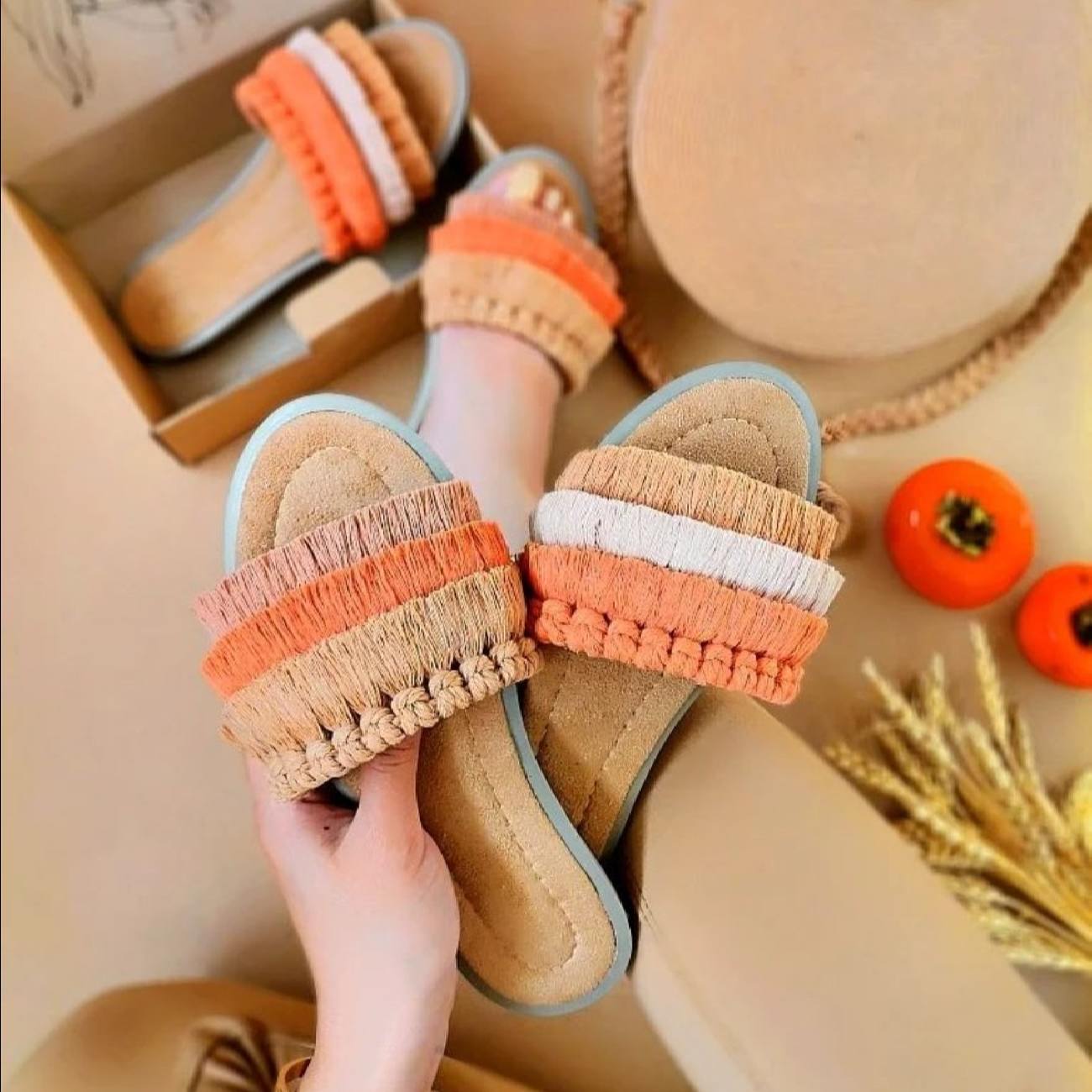 Pantoufles Macramé Boho Chic Plates pour Femmes Modèle Automne