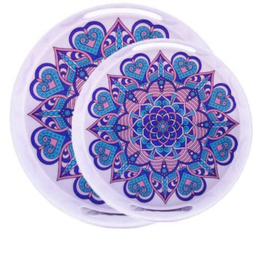 Plateau de service en mélamine avec design mandala, forme ronde, idéal pour servir les aliments, set de 2