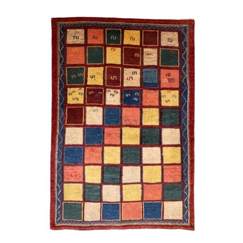 Tapis Gabbeh Persan en laine authentique tissé à la main, à carreaux