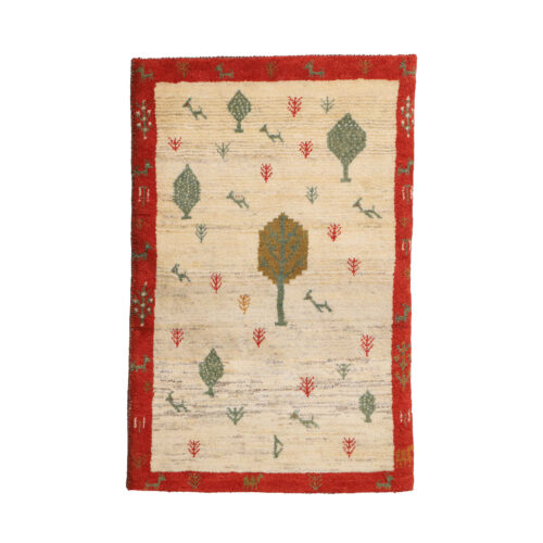 Tapis Gabbeh Persan en laine tissé à la main dans le Khorasan, motifs d’arbres et animaux