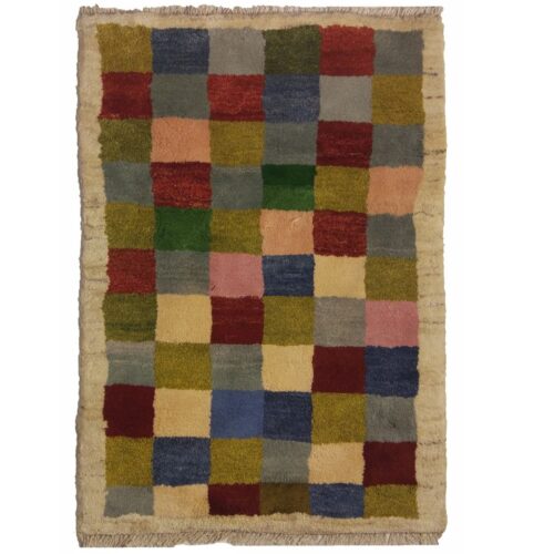 Tapis Gabbeh Persan en laine authentique tissé à la main dans le Fars, à carreaux