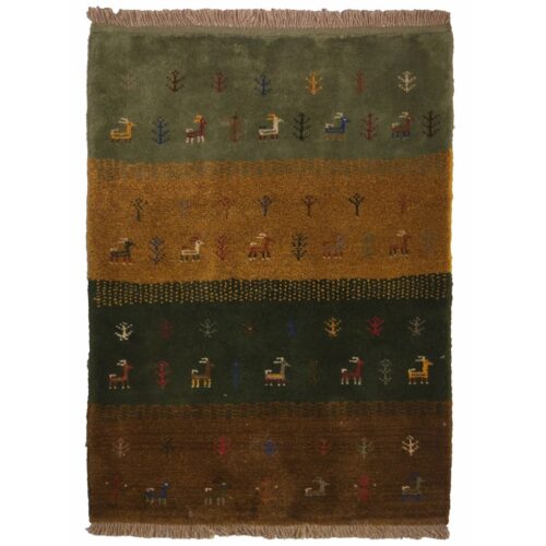 Tapis Gabbeh Persan en laine authentique tissé à la main dans le Fars, motifs animaliers et d’arbres