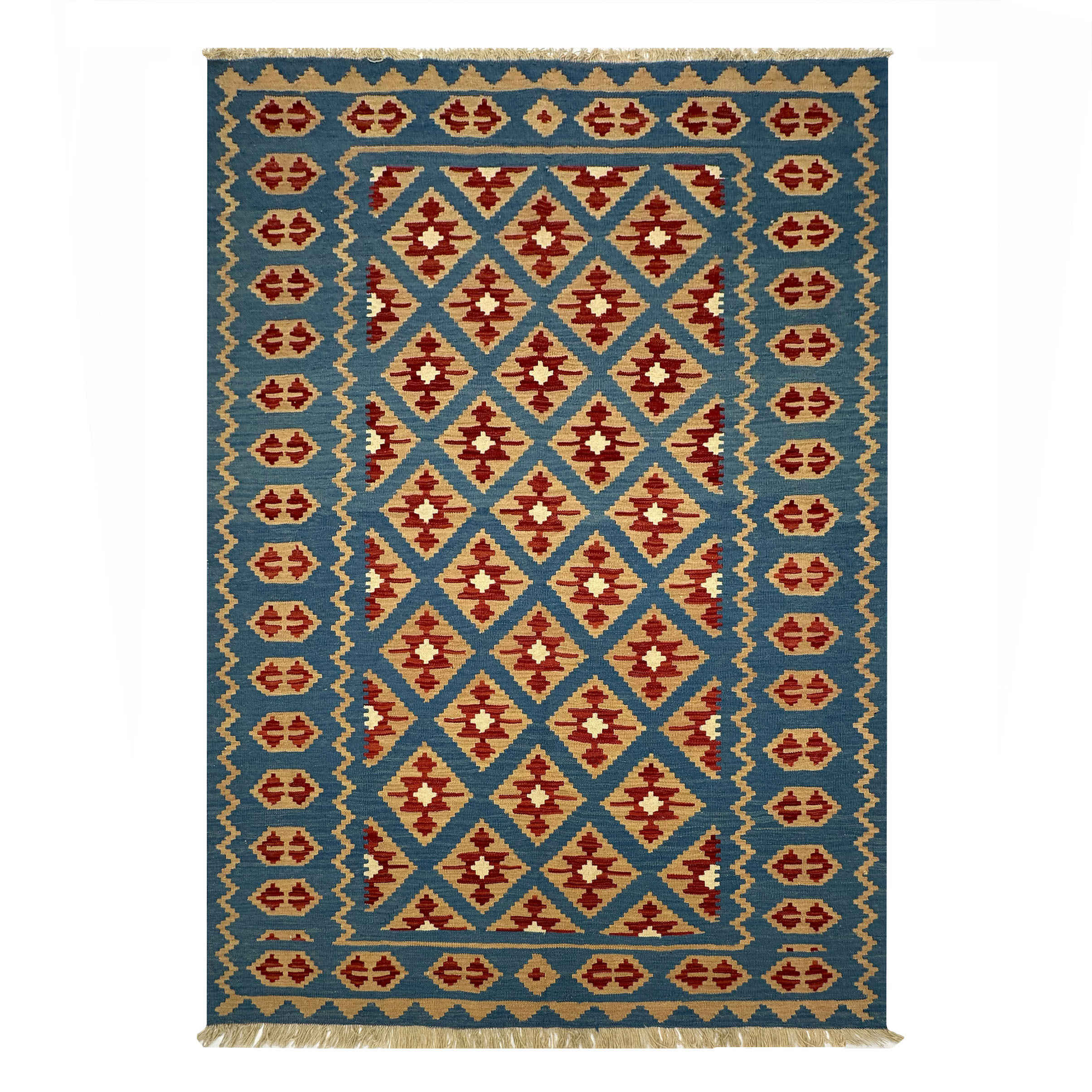 Tapis Kilim Persan en laine tissé à la main dans le Fars, géométrique Qashqai