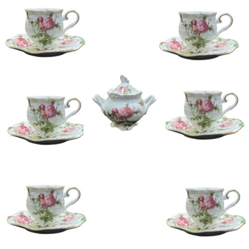 Service à thé en porcelaine victorienne avec motif floral, théière et soucoupe