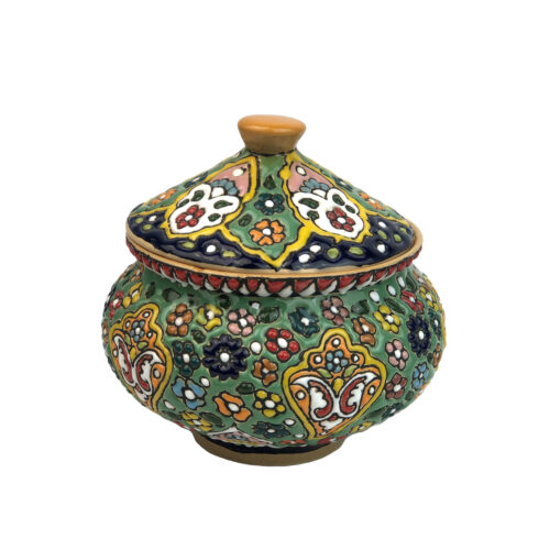 Sucrier en Poterie Persane Fait Main avec Couvercle – Minakari Émaillé avec Motif Floral
