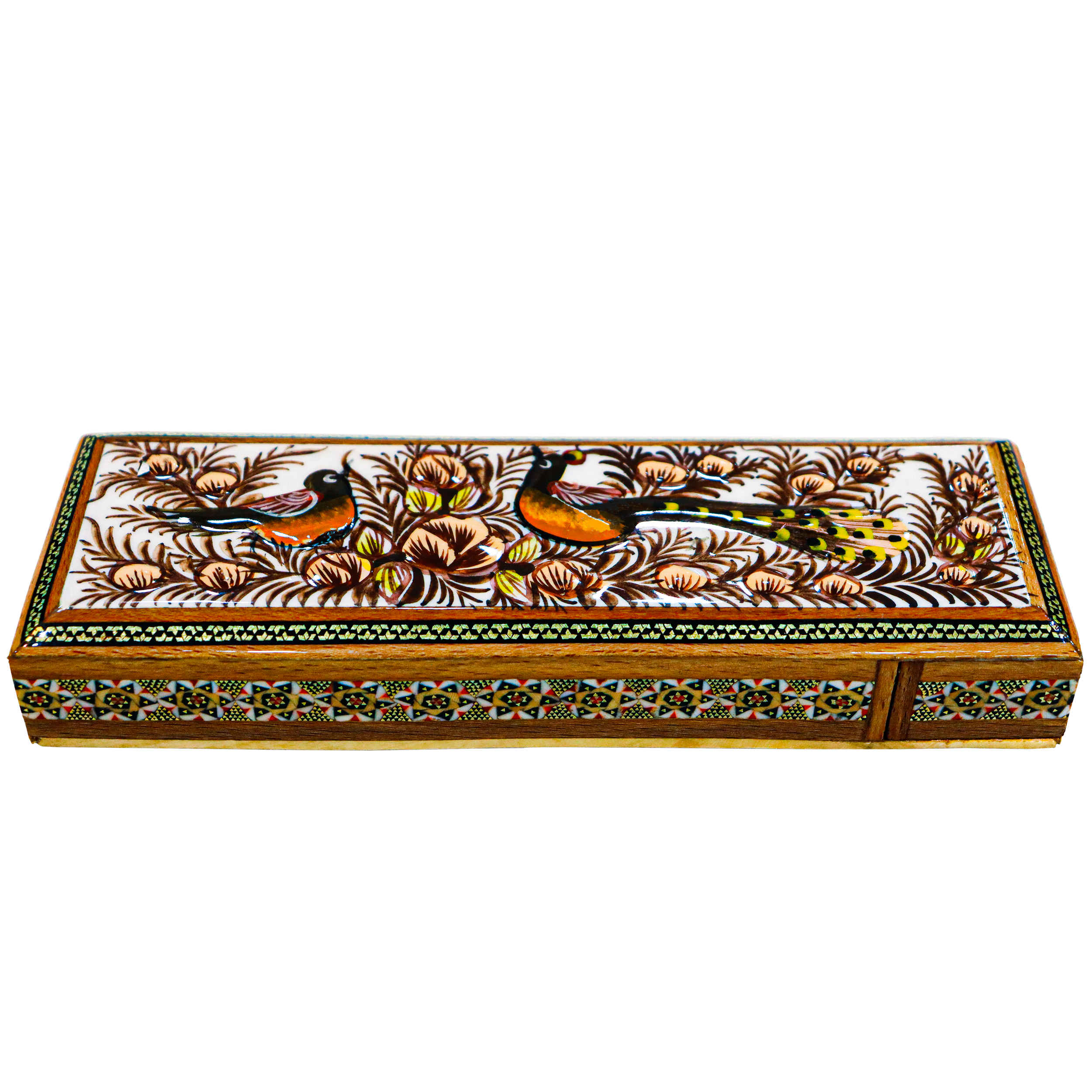Boîte à crayons en bois persan faite main avec Khatamkari Art Oiseau & Fleurs