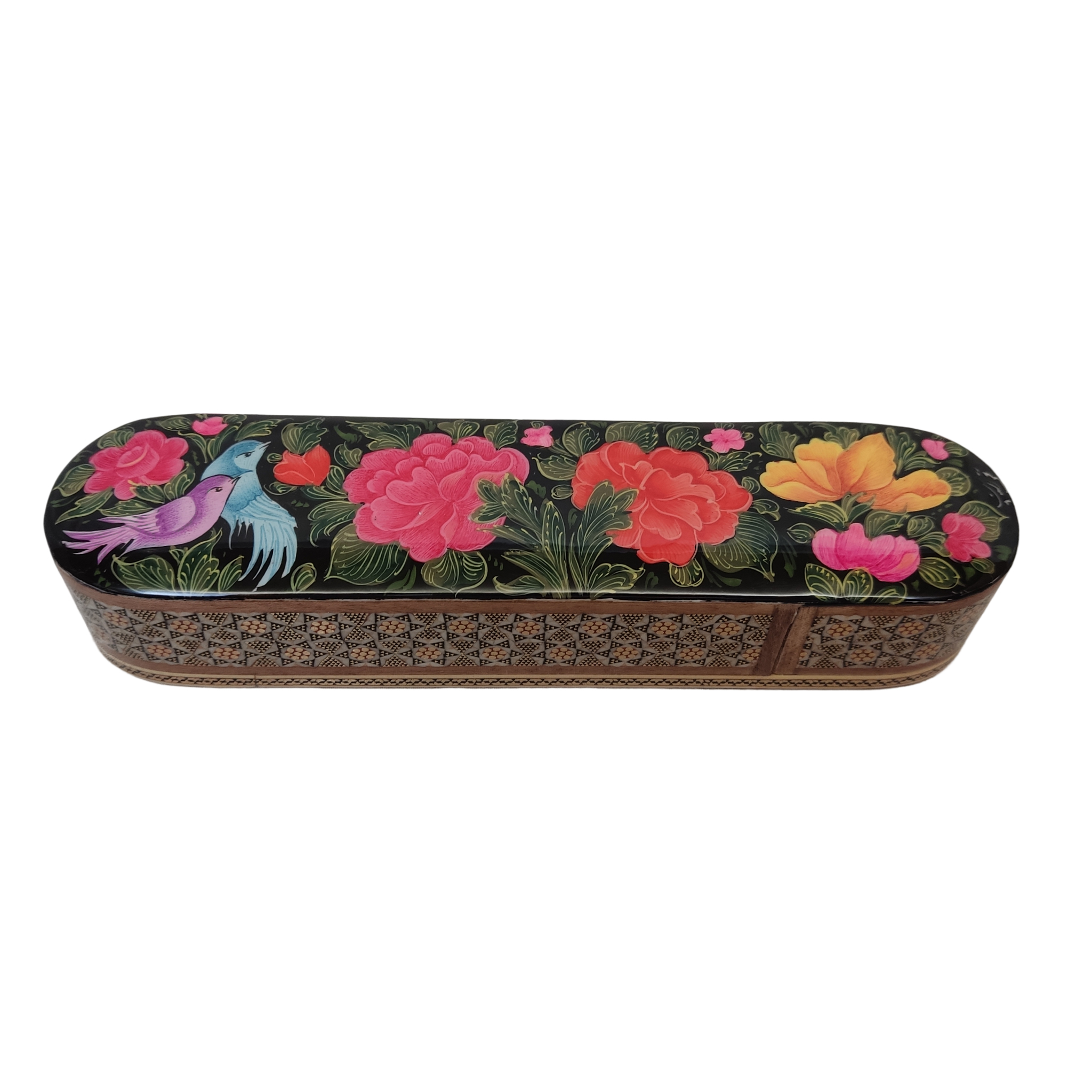 Boîte à crayons en bois persane artisanale avec design fleurs et oiseaux